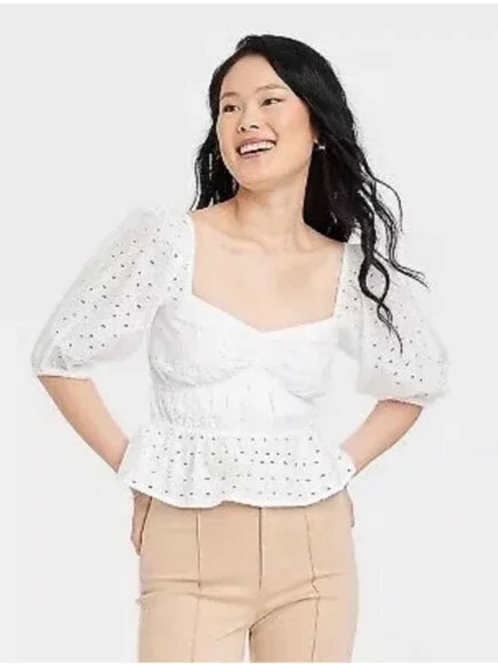 White Eyelet Peplum Top with Puff Sleeves - 100% cotton